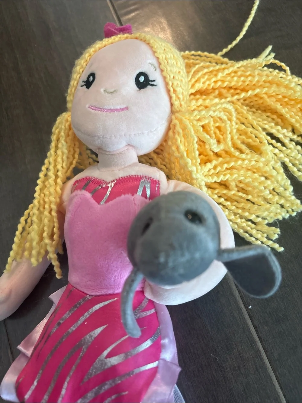 Pink Mermaid Plush Stuffed Doll with Yellow Yarn Hair